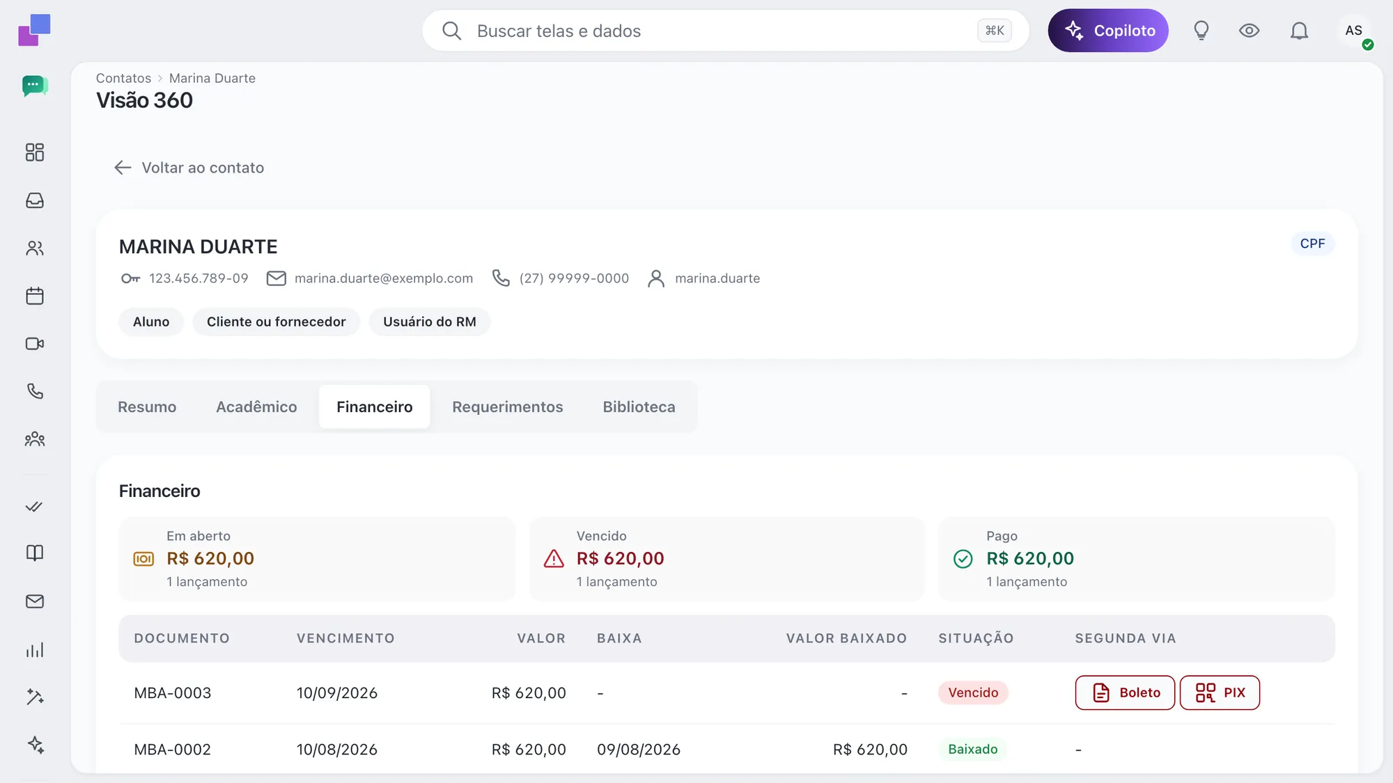 Financeiro da visão 360 com boleto e PIX