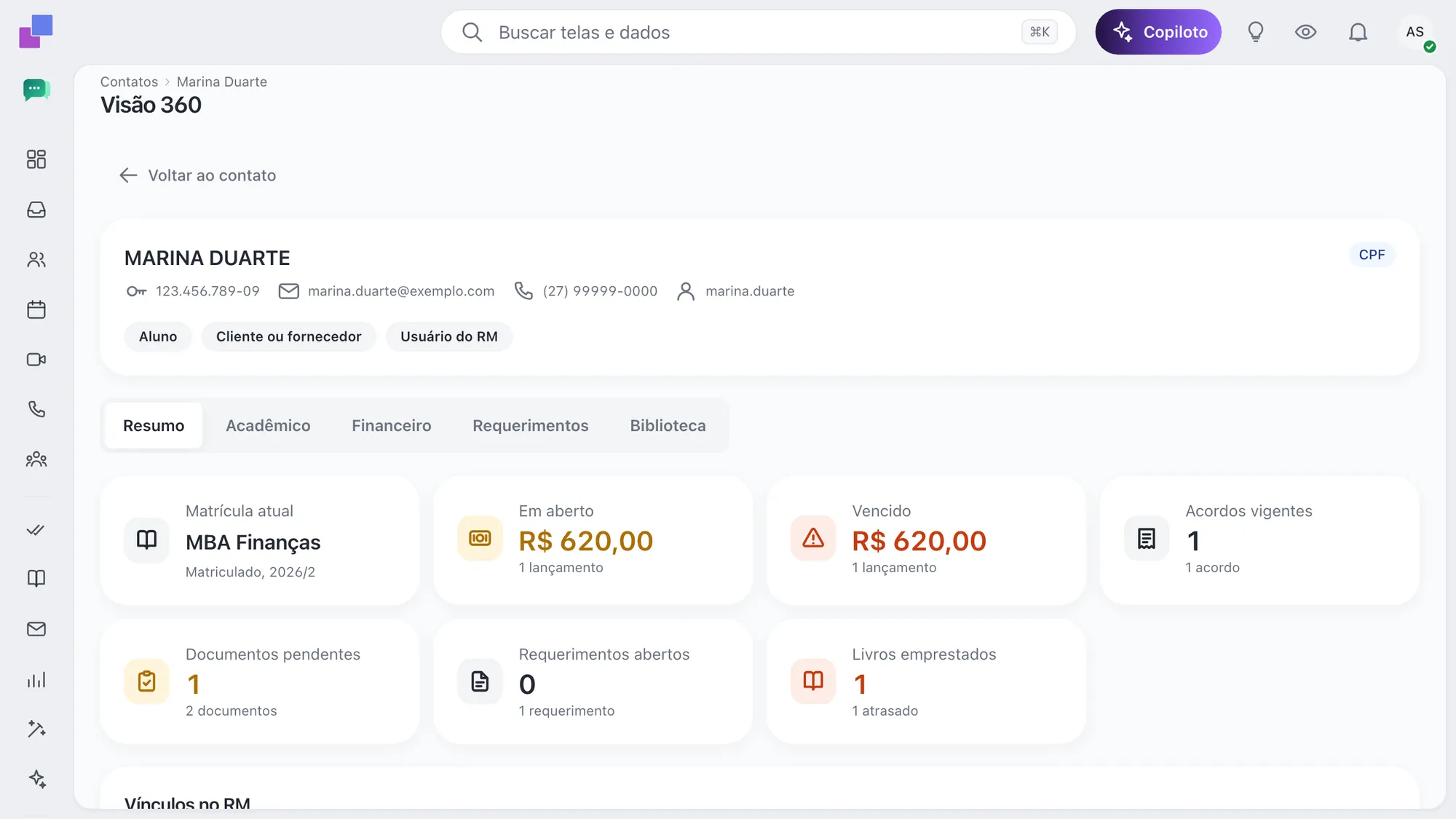 Visão 360 de um contato com o resumo vindo do ERP